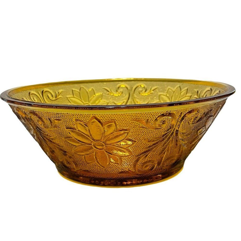 2 - TIARA  Sandwich 8 1/2" BOWLS MFG BY INDIANA GLASS CO amber MCM Vtg Flowers
